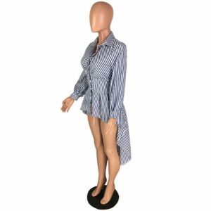 Buttoned Turn Down Striped Long Sleeve Asymmetrical Blouses - Image 4