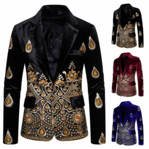 Embroidery Wedding  Luxury Style Wine Velvet Formal Slim Fit Single Button Blazer - Image 3