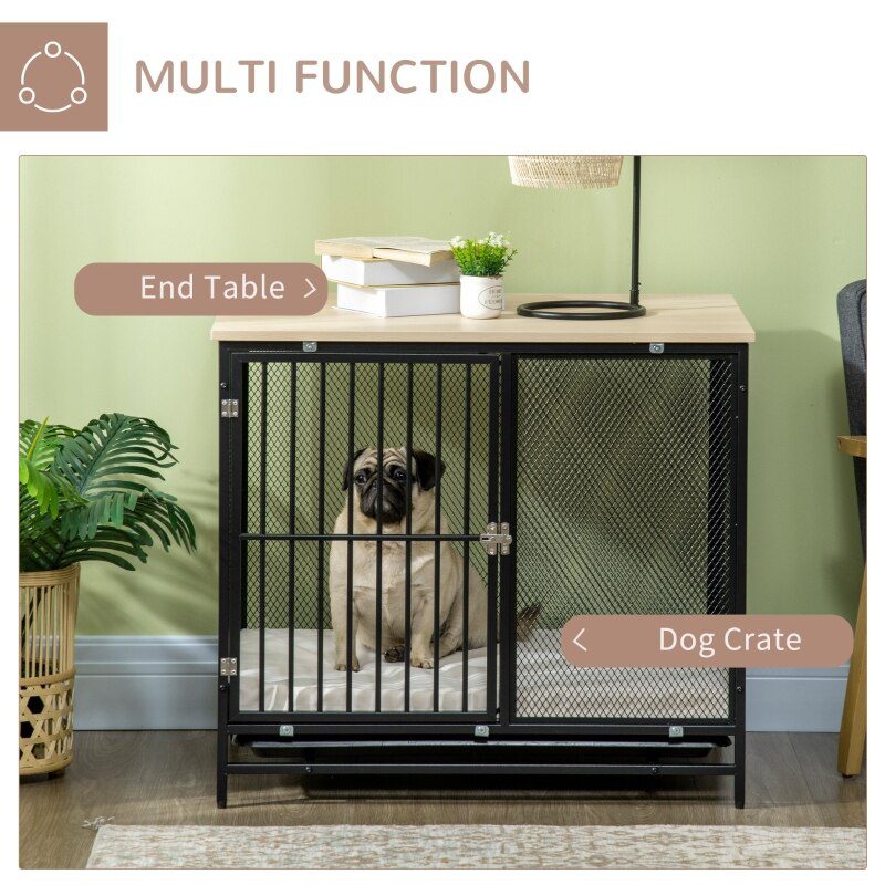 Dog Crate Furniture with Water-Resistant Cushion Medium Dog Kennel, Oak, 31.5" x 22" x 28"