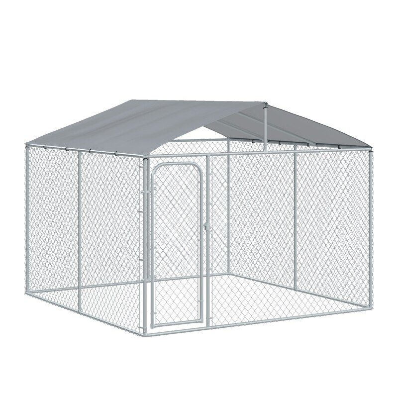 10ft x 10ft x 6ft Outdoor Dog Fence, Chicken Coop Chain Link Box Metal Dog Cage House with Cover