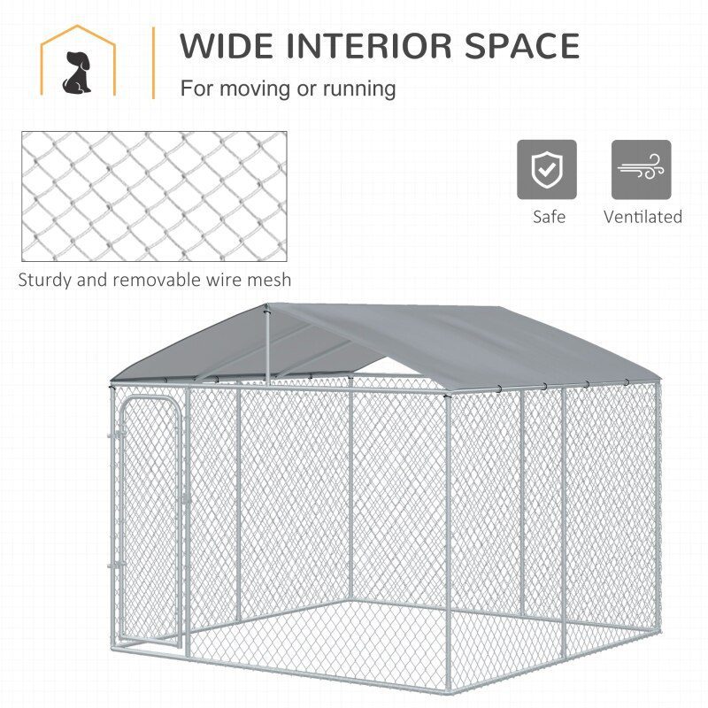 10ft x 10ft x 6ft Outdoor Dog Fence, Chicken Coop Chain Link Box Metal Dog Cage House with Cover