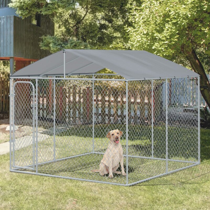 10ft x 10ft x 6ft Outdoor Dog Fence, Chicken Coop Chain Link Box Metal Dog Cage House with Cover