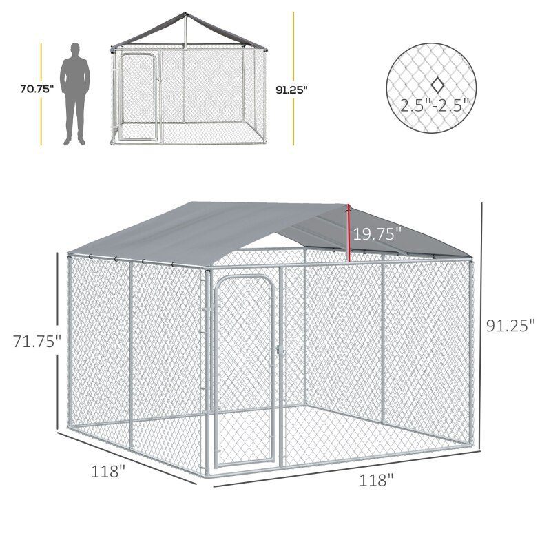 10ft x 10ft x 6ft Outdoor Dog Fence, Chicken Coop Chain Link Box Metal Dog Cage House with Cover