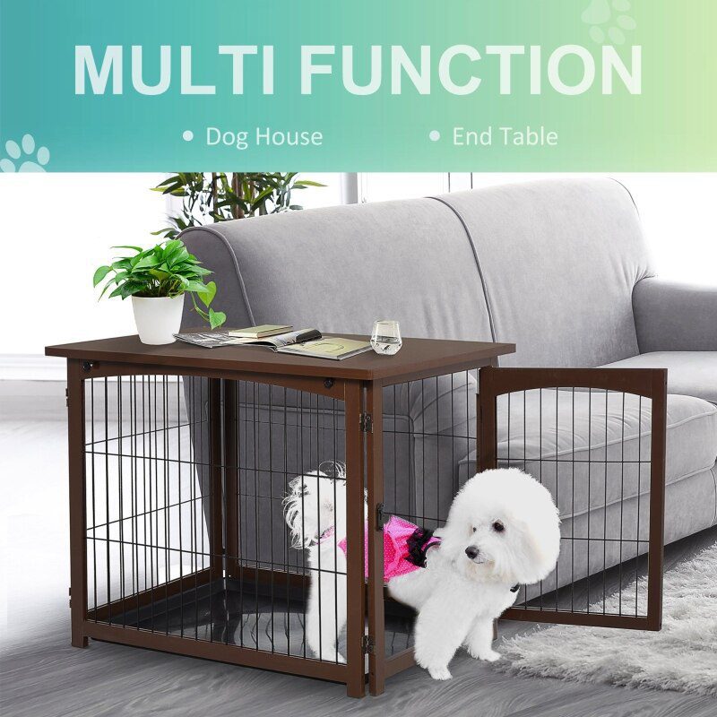 Wooden Decorative Dog Cage Pet Crate Fence Side Table Small Animal House with Tabletop, Lockable Door - Brown