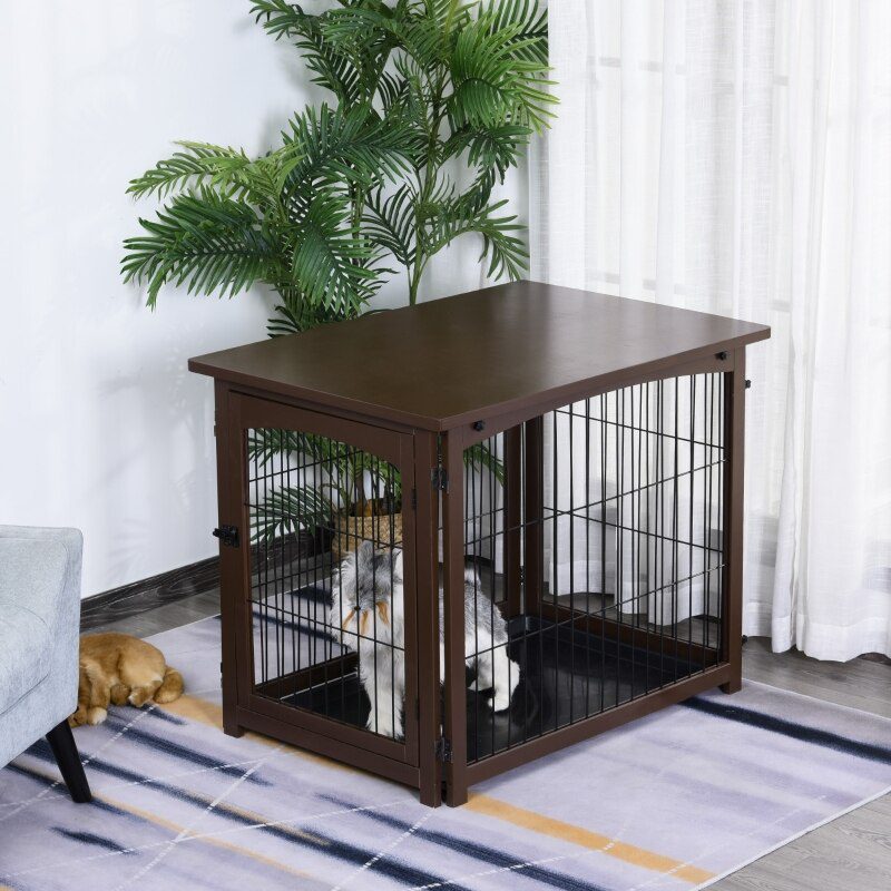 Wooden Decorative Dog Cage Pet Crate Fence Side Table Small Animal House with Tabletop, Lockable Door - Brown