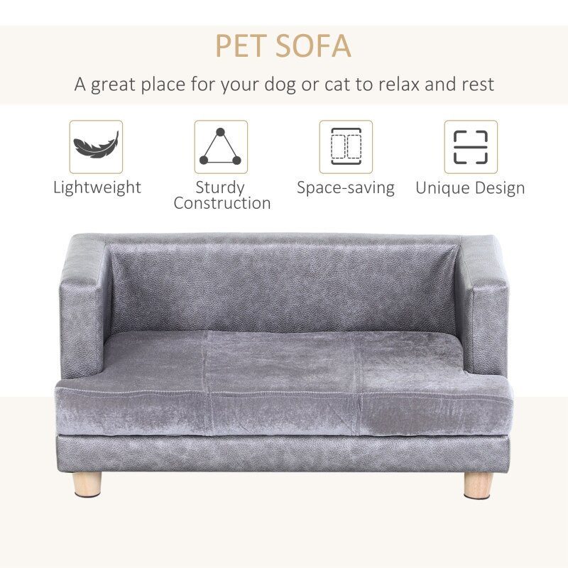 Dog Couch, Pet Sofa Bed for Small Dogs Cats with Cushion, Grey, 27" x 16" x 12.5"