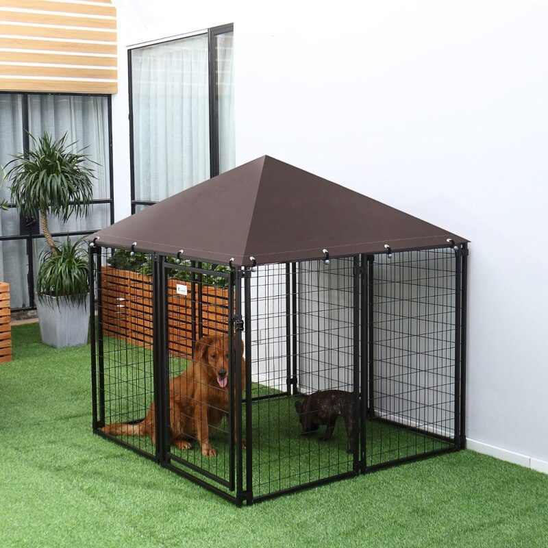 56"Large Lockable Outdoor Dog House Kennel with Water-resistant Roof for Small and Medium Sized Pets