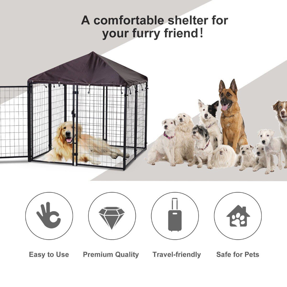 56"Large Lockable Outdoor Dog House Kennel with Water-resistant Roof for Small and Medium Sized Pets