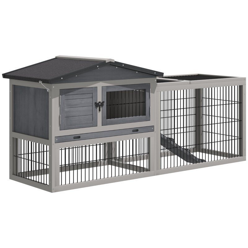 Rabbit Hutch Metal Bunny Cage, Wire and Easy Clean Tray with 2 House Levels and Patio Space 59" L x 20.75" W x 26.75" H