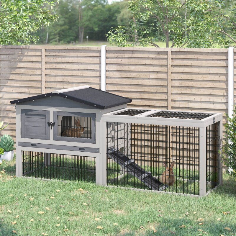 Rabbit Hutch Metal Bunny Cage, Wire and Easy Clean Tray with 2 House Levels and Patio Space 59" L x 20.75" W x 26.75" H