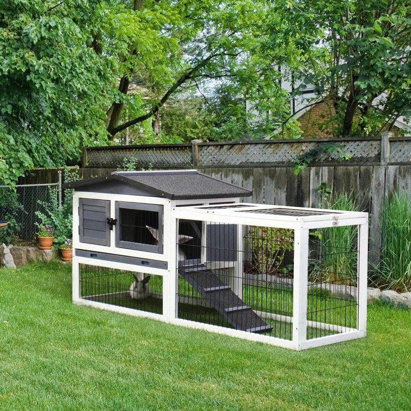 Rabbit Hutch Metal Bunny Cage, Wire and Easy Clean Tray with 2 House Levels and Patio Space 59" L x 20.75" W x 26.75" H