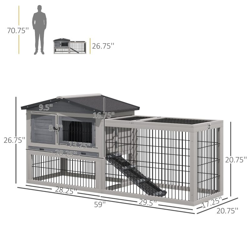 Rabbit Hutch Metal Bunny Cage, Wire and Easy Clean Tray with 2 House Levels and Patio Space 59" L x 20.75" W x 26.75" H