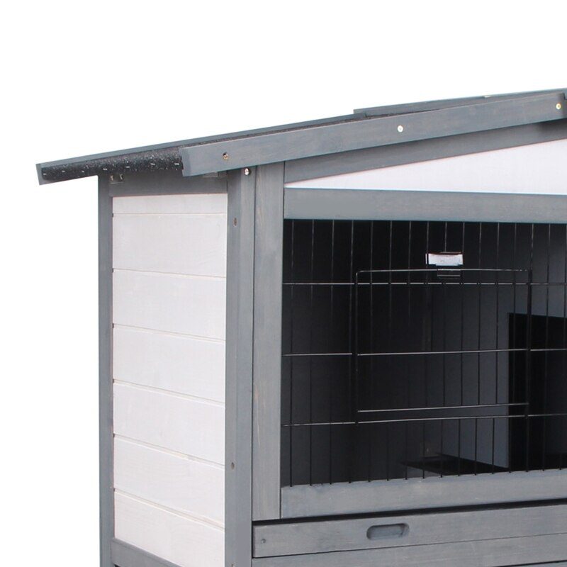 Deluxe Wooden 2 Story Rabbit Hutch with Slide-Out Outdoor Run, Lockable Doors, and Ramp - Grey & White