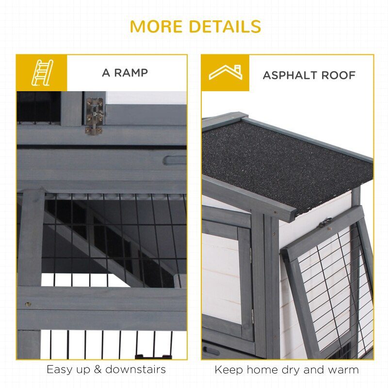 Deluxe Wooden 2 Story Rabbit Hutch with Slide-Out Outdoor Run, Lockable Doors, and Ramp - Grey & White