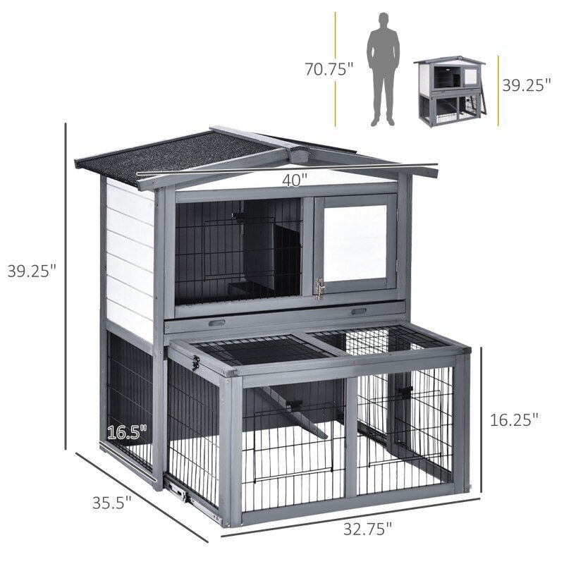 Deluxe Wooden 2 Story Rabbit Hutch with Slide-Out Outdoor Run, Lockable Doors, and Ramp - Grey & White