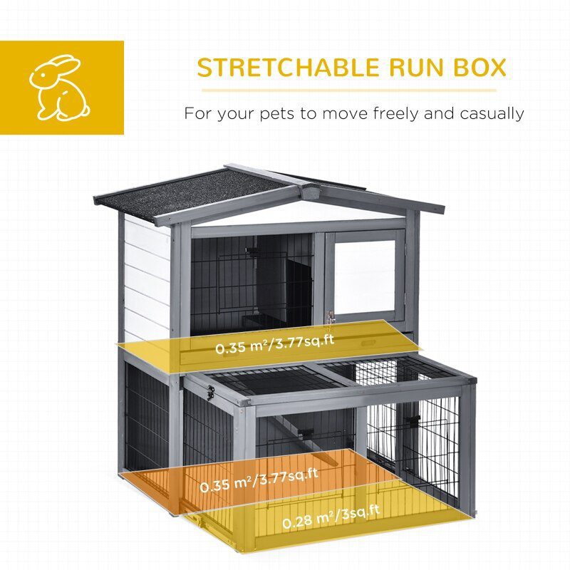 Deluxe Wooden 2 Story Rabbit Hutch with Slide-Out Outdoor Run, Lockable Doors, and Ramp - Grey & White