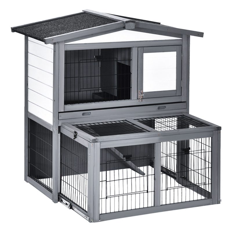 Deluxe Wooden 2 Story Rabbit Hutch with Slide-Out Outdoor Run, Lockable Doors, and Ramp - Grey & White