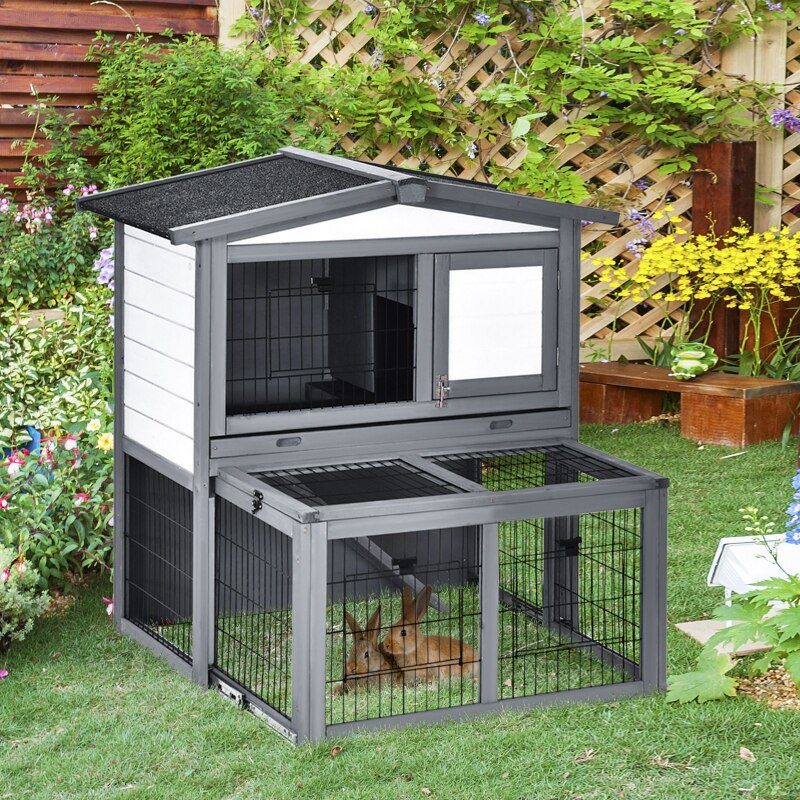 Deluxe Wooden 2 Story Rabbit Hutch with Slide-Out Outdoor Run, Lockable Doors, and Ramp - Grey & White