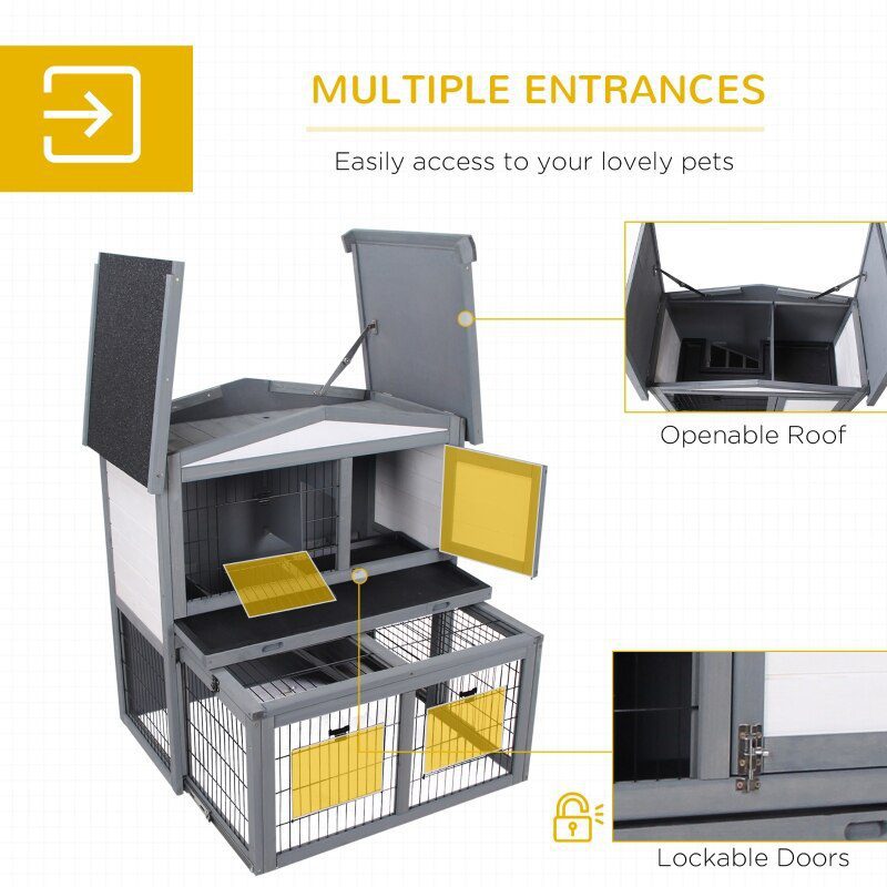 Deluxe Wooden 2 Story Rabbit Hutch with Slide-Out Outdoor Run, Lockable Doors, and Ramp - Grey & White