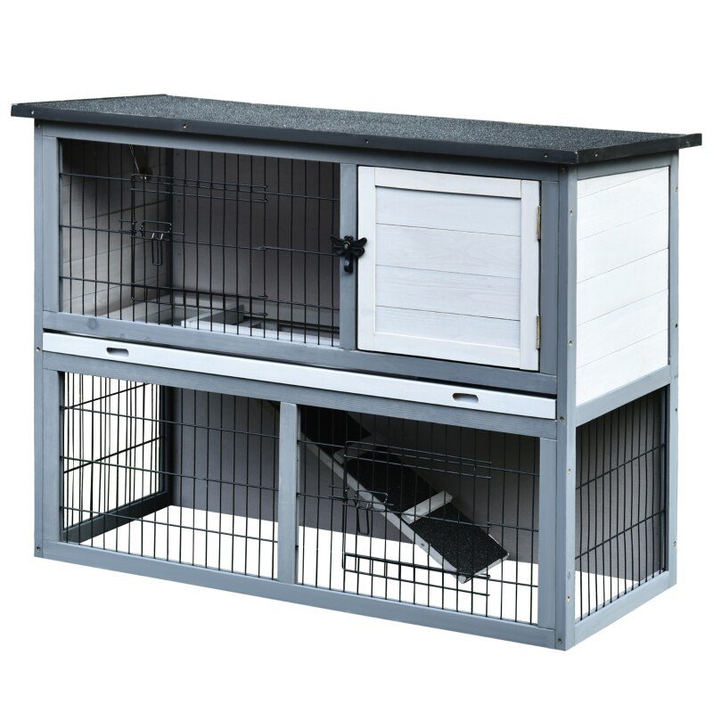 42.5" Wooden Rabbit Hutch - Water Resistant Pet House 4 Doors w/ Ramp 2-tier Wooden Rabbit Hutch