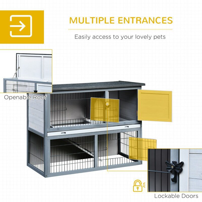 42.5" Wooden Rabbit Hutch - Water Resistant Pet House 4 Doors w/ Ramp 2-tier Wooden Rabbit Hutch