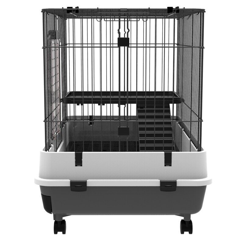 2 Tier 32" Small Indoor Rabbit Cage Rolling Small Animal Crate Ferrets Chinchillas Hutch Pull Out Tray Pet Furniture with Wheels