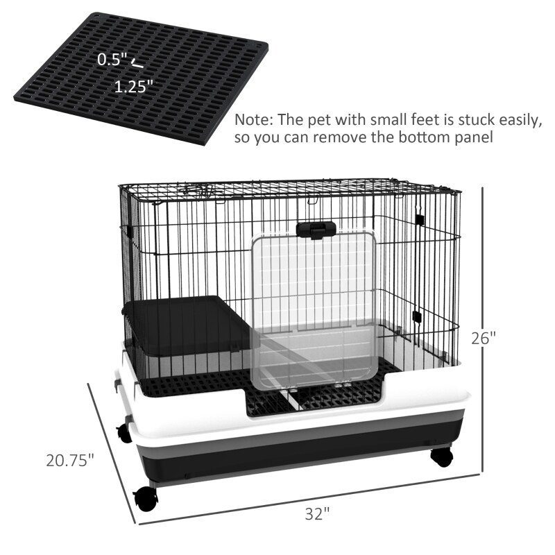 2 Tier 32" Small Indoor Rabbit Cage Rolling Small Animal Crate Ferrets Chinchillas Hutch Pull Out Tray Pet Furniture with Wheels