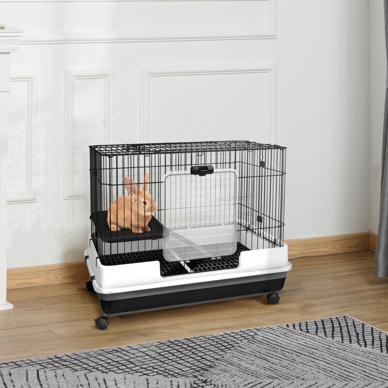 2 Tier 32" Small Indoor Rabbit Cage Rolling Small Animal Crate Ferrets Chinchillas Hutch Pull Out Tray Pet Furniture with Wheels