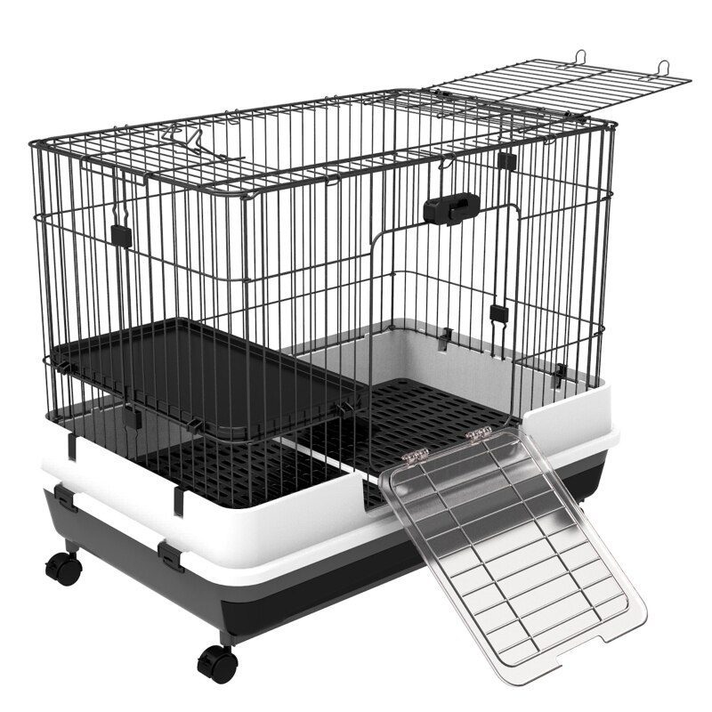 2 Tier 32" Small Indoor Rabbit Cage Rolling Small Animal Crate Ferrets Chinchillas Hutch Pull Out Tray Pet Furniture with Wheels