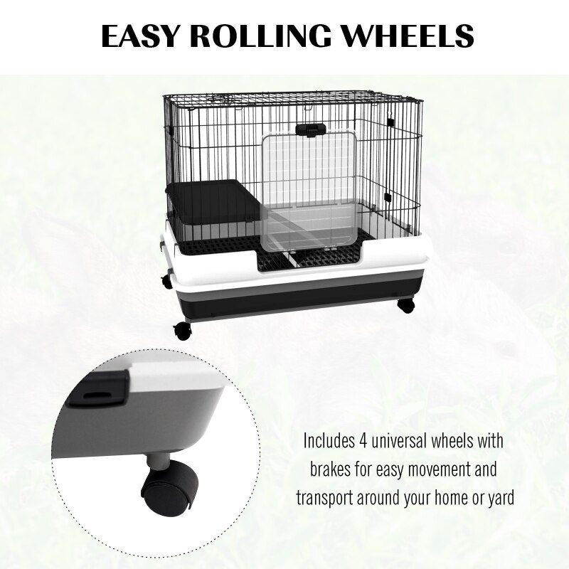 2 Tier 32" Small Indoor Rabbit Cage Rolling Small Animal Crate Ferrets Chinchillas Hutch Pull Out Tray Pet Furniture with Wheels