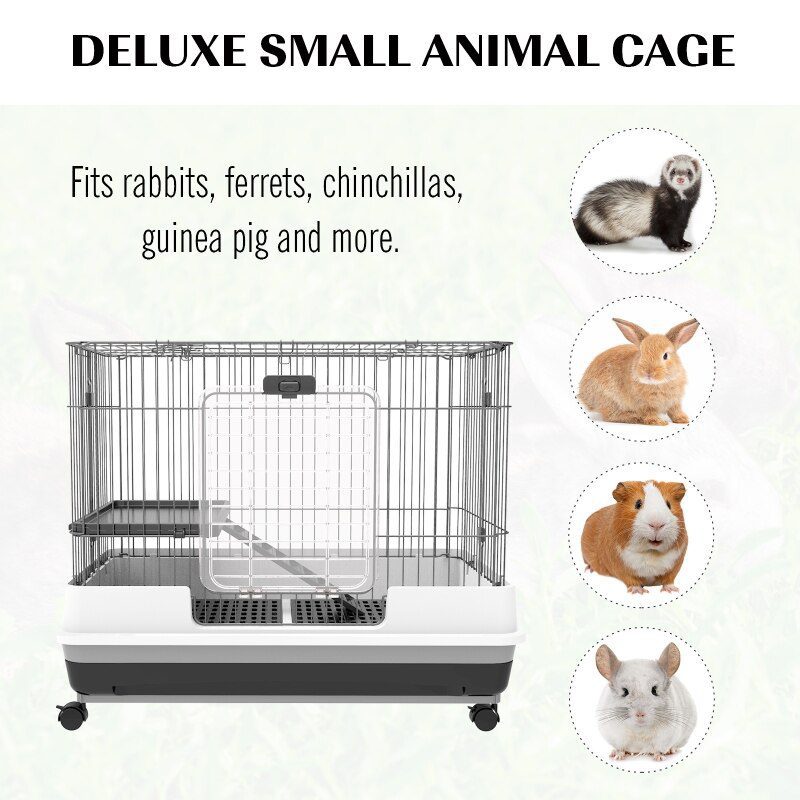 2 Tier 32" Small Indoor Rabbit Cage Rolling Small Animal Crate Ferrets Chinchillas Hutch Pull Out Tray Pet Furniture with Wheels