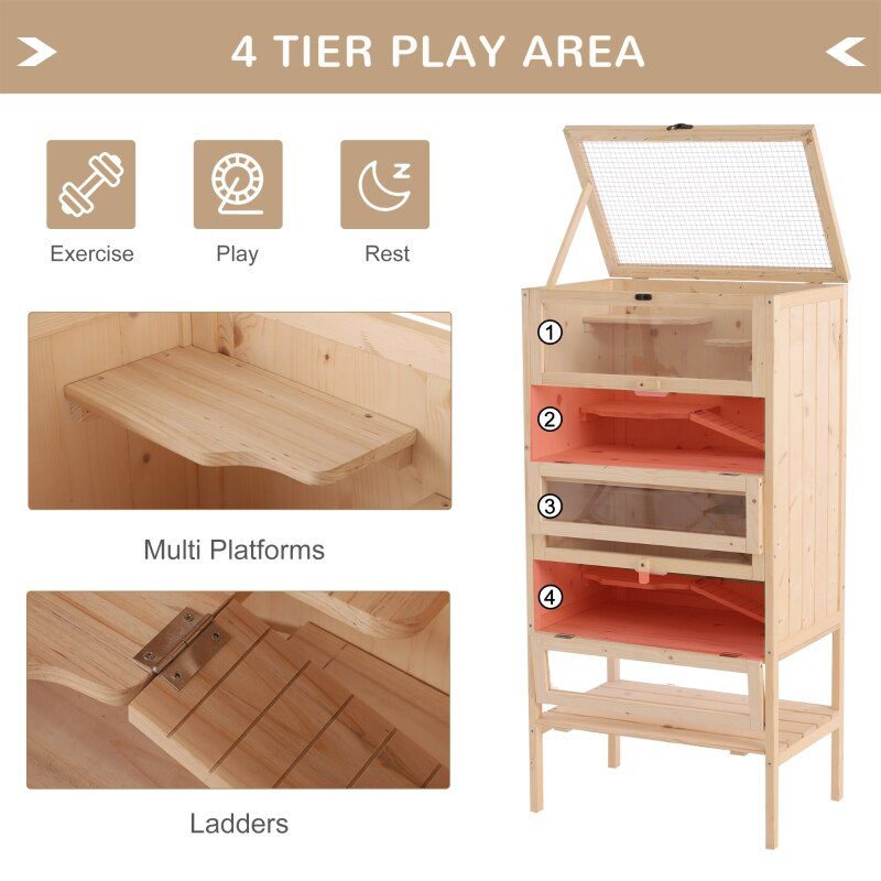 5 Tier Wood Hamster Cage Small Animal Play House,Hamster Habitat Cage 23.5" L x 15.75" W x 47.25" H Natural