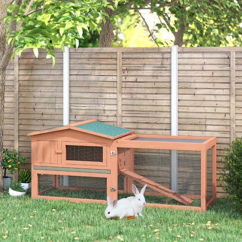 62" Wooden Outdoor Rabbit House Small Animal Habitat w/ Detachable Runway & Elevated Main House