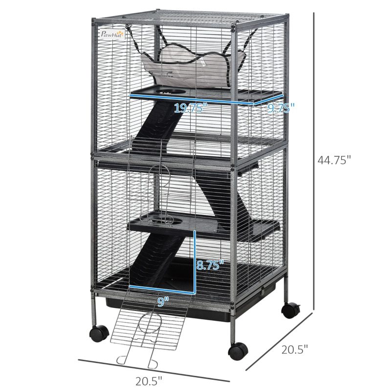 Rabbit Chinchilla Hamster Cage with 4 Universal Wheels and Multiple Platforms - Silver Grey