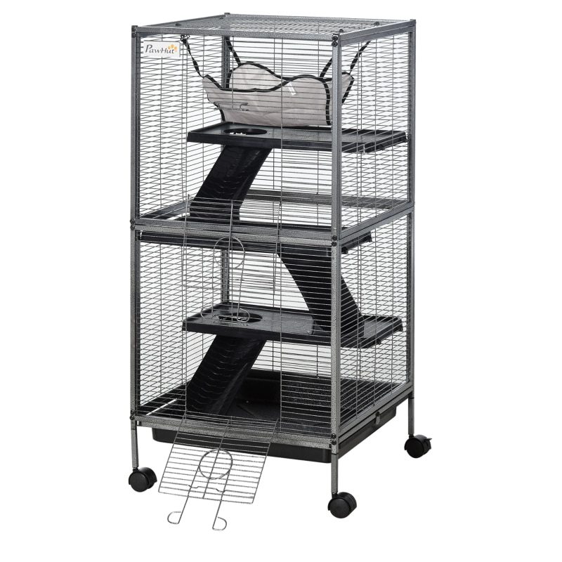 Rabbit Chinchilla Hamster Cage with 4 Universal Wheels and Multiple Platforms - Silver Grey