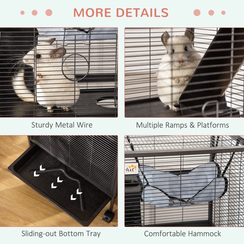 Rabbit Chinchilla Hamster Cage with 4 Universal Wheels and Multiple Platforms - Silver Grey