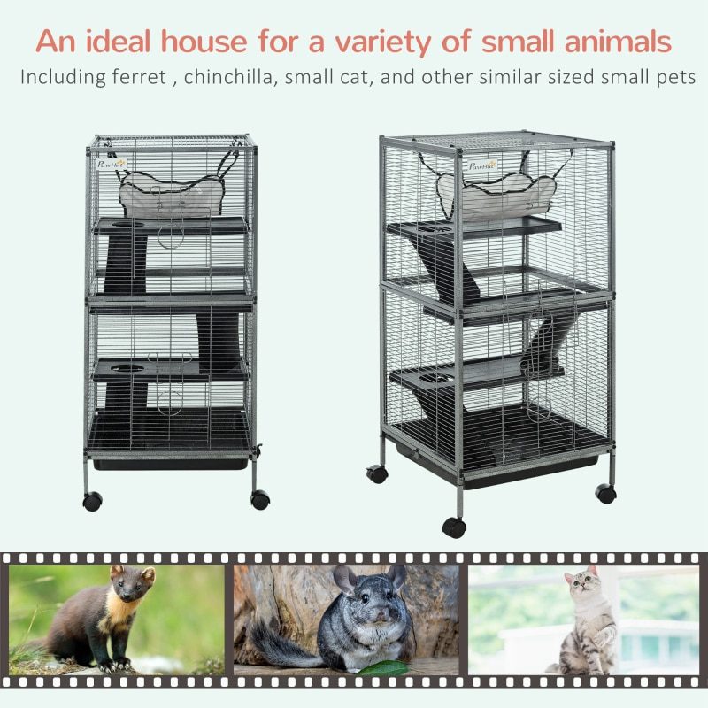 Rabbit Chinchilla Hamster Cage with 4 Universal Wheels and Multiple Platforms - Silver Grey