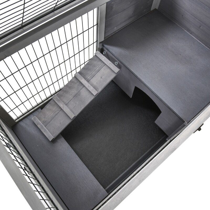 Wooden Indoor Rabbit Hutch Elevated Cage Habitat with Enclosed Run with Wheels, Ideal for Rabbits and Guinea Pigs, Grey