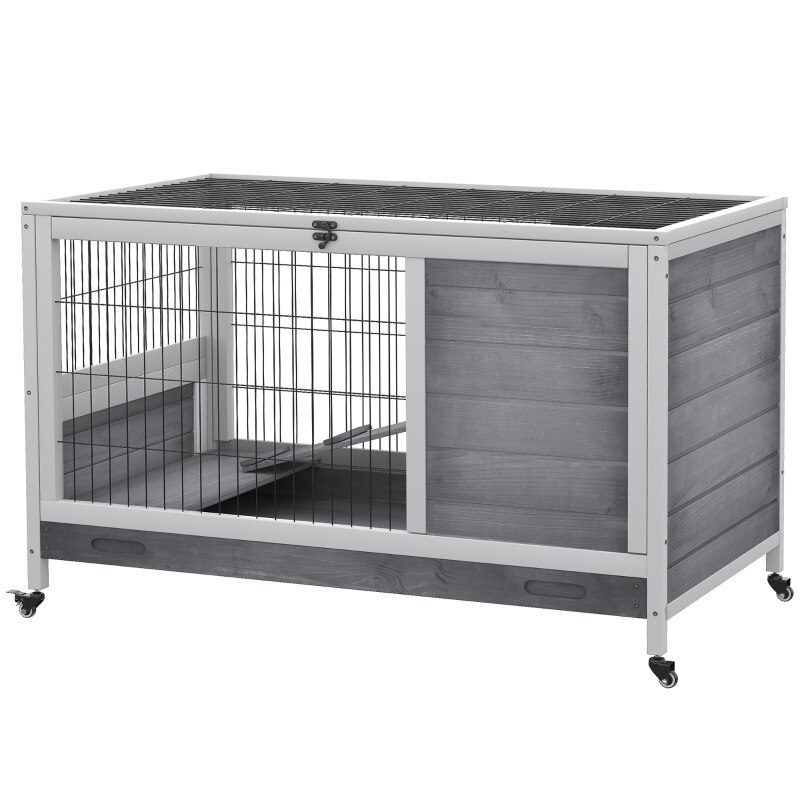 Wooden Indoor Rabbit Hutch Elevated Cage Habitat with Enclosed Run with Wheels, Ideal for Rabbits and Guinea Pigs, Grey