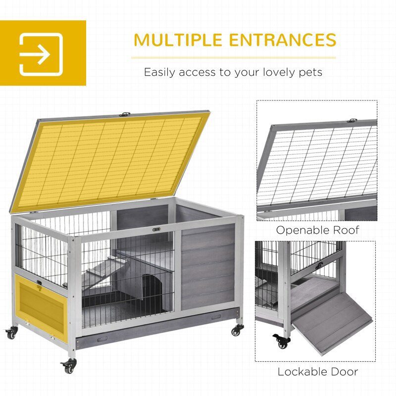 Wooden Indoor Rabbit Hutch Elevated Cage Habitat with Enclosed Run with Wheels, Ideal for Rabbits and Guinea Pigs, Grey