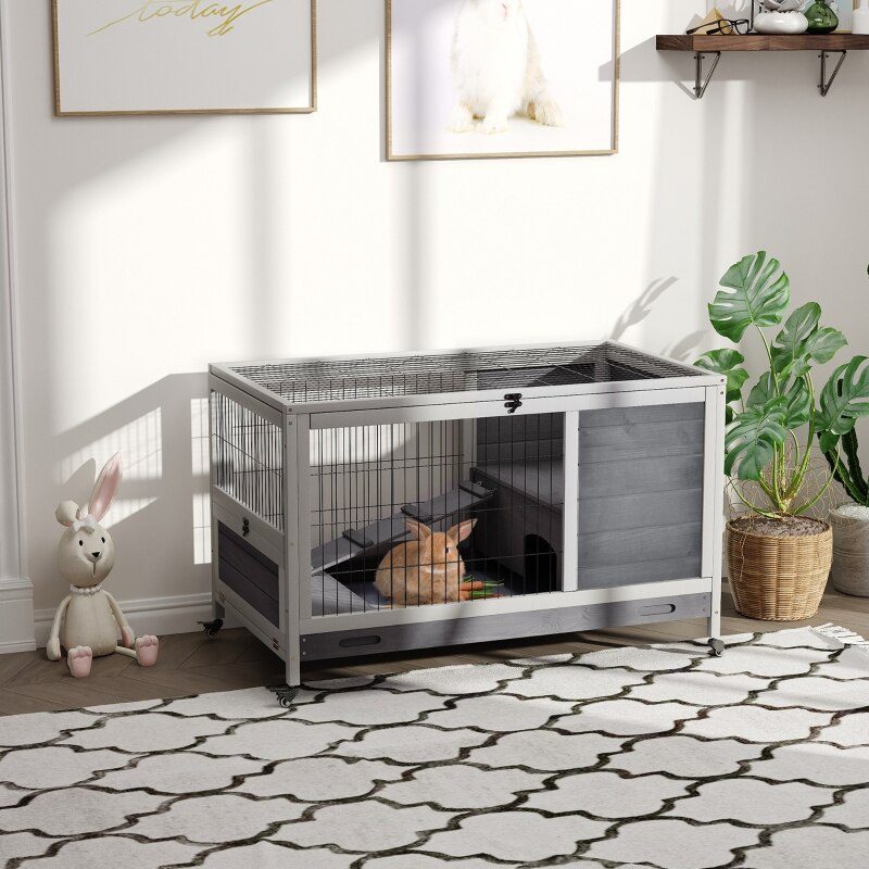 Wooden Indoor Rabbit Hutch Elevated Cage Habitat with Enclosed Run with Wheels, Ideal for Rabbits and Guinea Pigs, Grey