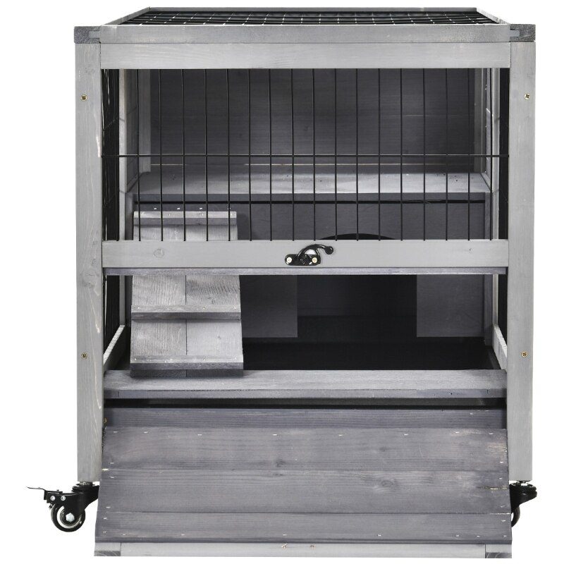 Wooden Indoor Rabbit Hutch Elevated Cage Habitat with Enclosed Run with Wheels, Ideal for Rabbits and Guinea Pigs, Grey