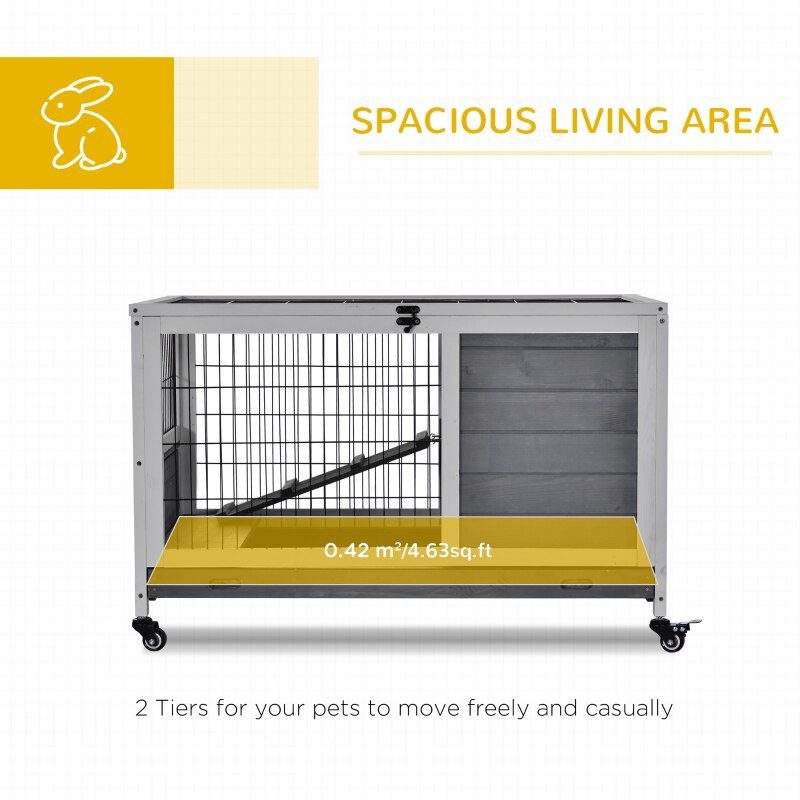 Wooden Indoor Rabbit Hutch Elevated Cage Habitat with Enclosed Run with Wheels, Ideal for Rabbits and Guinea Pigs, Grey