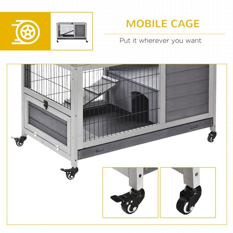 Wooden Indoor Rabbit Hutch Elevated Cage Habitat with Enclosed Run with Wheels, Ideal for Rabbits and Guinea Pigs, Grey