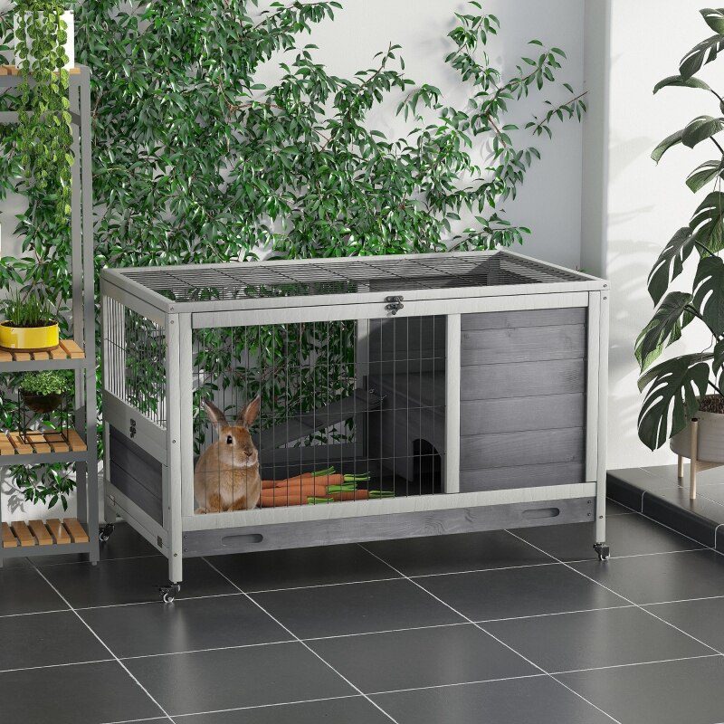 Wooden Indoor Rabbit Hutch Elevated Cage Habitat with Enclosed Run with Wheels, Ideal for Rabbits and Guinea Pigs, Grey