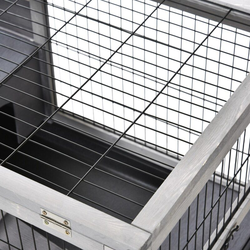 Wooden Indoor Rabbit Hutch Elevated Cage Habitat with Enclosed Run with Wheels, Ideal for Rabbits and Guinea Pigs, Grey