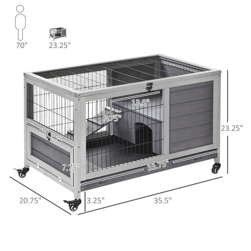 Wooden Indoor Rabbit Hutch Elevated Cage Habitat with Enclosed Run with Wheels, Ideal for Rabbits and Guinea Pigs, Grey