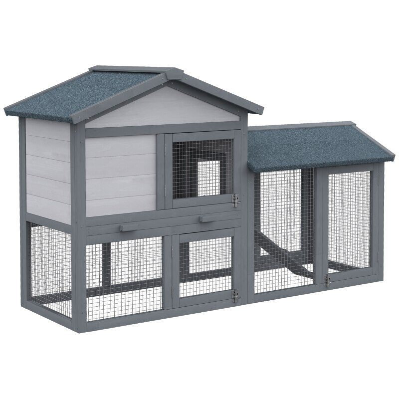 Outdoor Wooden Rabbit Hutch Rabbit Cage with Removable Tray Non-slip Ramp Built-in Doors Large Activity Space 147x54x84 cm Gray