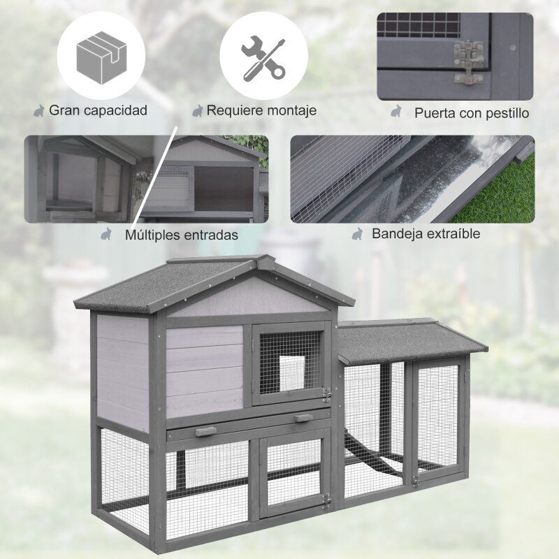 Outdoor Wooden Rabbit Hutch Rabbit Cage with Removable Tray Non-slip Ramp Built-in Doors Large Activity Space 147x54x84 cm Gray