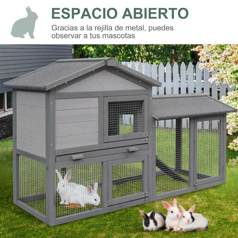 Outdoor Wooden Rabbit Hutch Rabbit Cage with Removable Tray Non-slip Ramp Built-in Doors Large Activity Space 147x54x84 cm Gray